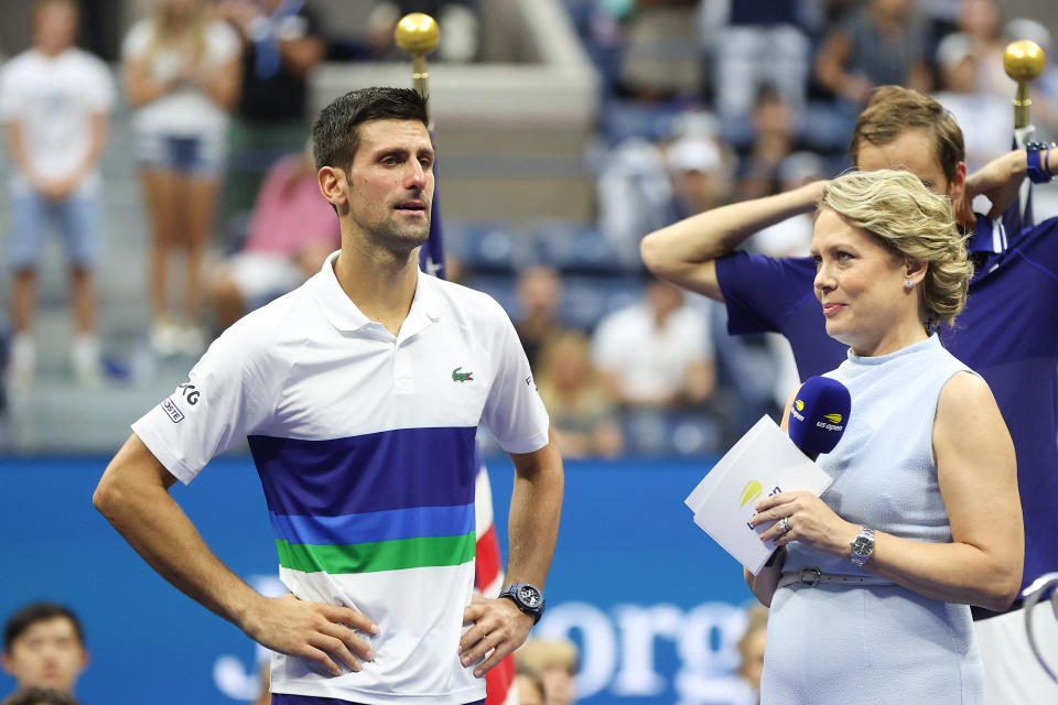 Novak Djokovic (pictured left) speaking after losing the 2021 US Open final.