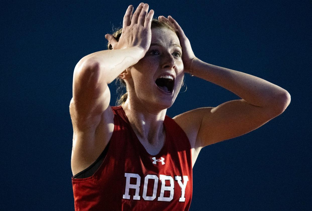 Roby's Taylor Jeffrey reacts to the team's time in the 1,600-meter relay Saturday at Mike A. Myers Stadium in Austin.