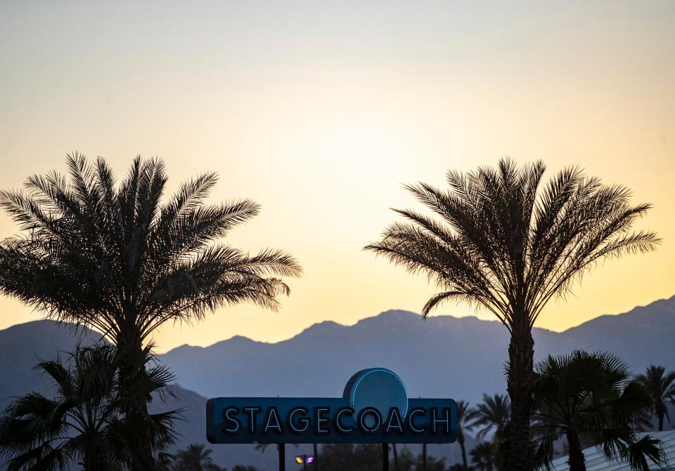 The Stagecoach sign is seen on the grounds of the country music festival at the Empire Polo Club in Indio, Calif., Sunday, April 30, 2023. 