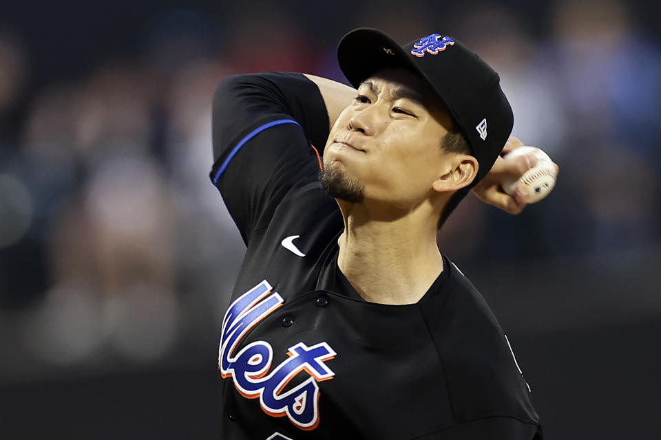 New York Mets starting pitcher Kodai Senga, of Japan, throws against the Seattle Mariners during the first inning of a baseball game Friday, Sept. 1, 2023, in New York. (AP Photo/Adam Hunger)