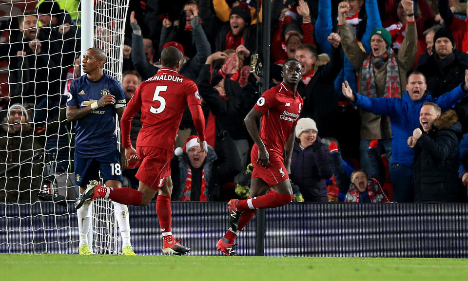 Sadio Mane celebrate’s Liverpool’s first goal against Manchester United