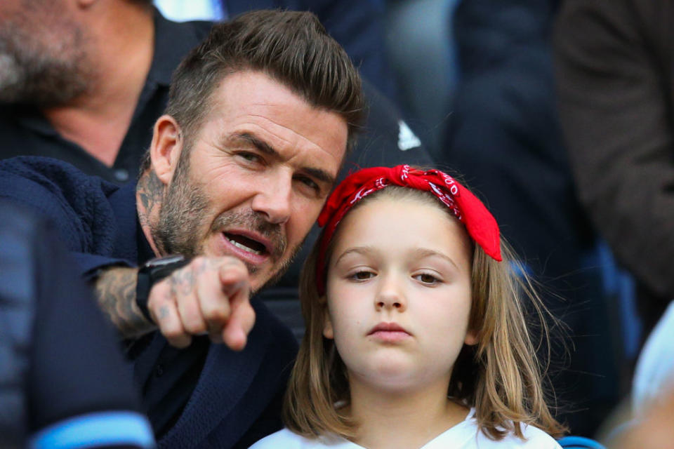 David Beckham has revealed his daughter thinks he pronounces the word, girls, like Del Boy, pictured June 2019. (Getty Images)