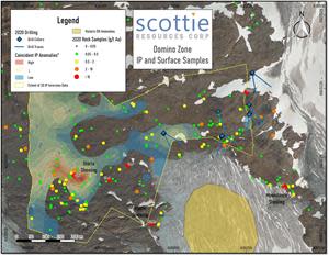 Plan view map of the Domino Zone illustrating the locations of the 18 holes drilled during the 2020 field season, and distribution of grab samples. *IP anomaly layer is a composite heat map comprised of corresponding conductivity highs and resistivity lows derived from a 2D inversion of IP data at a 50 m depth.