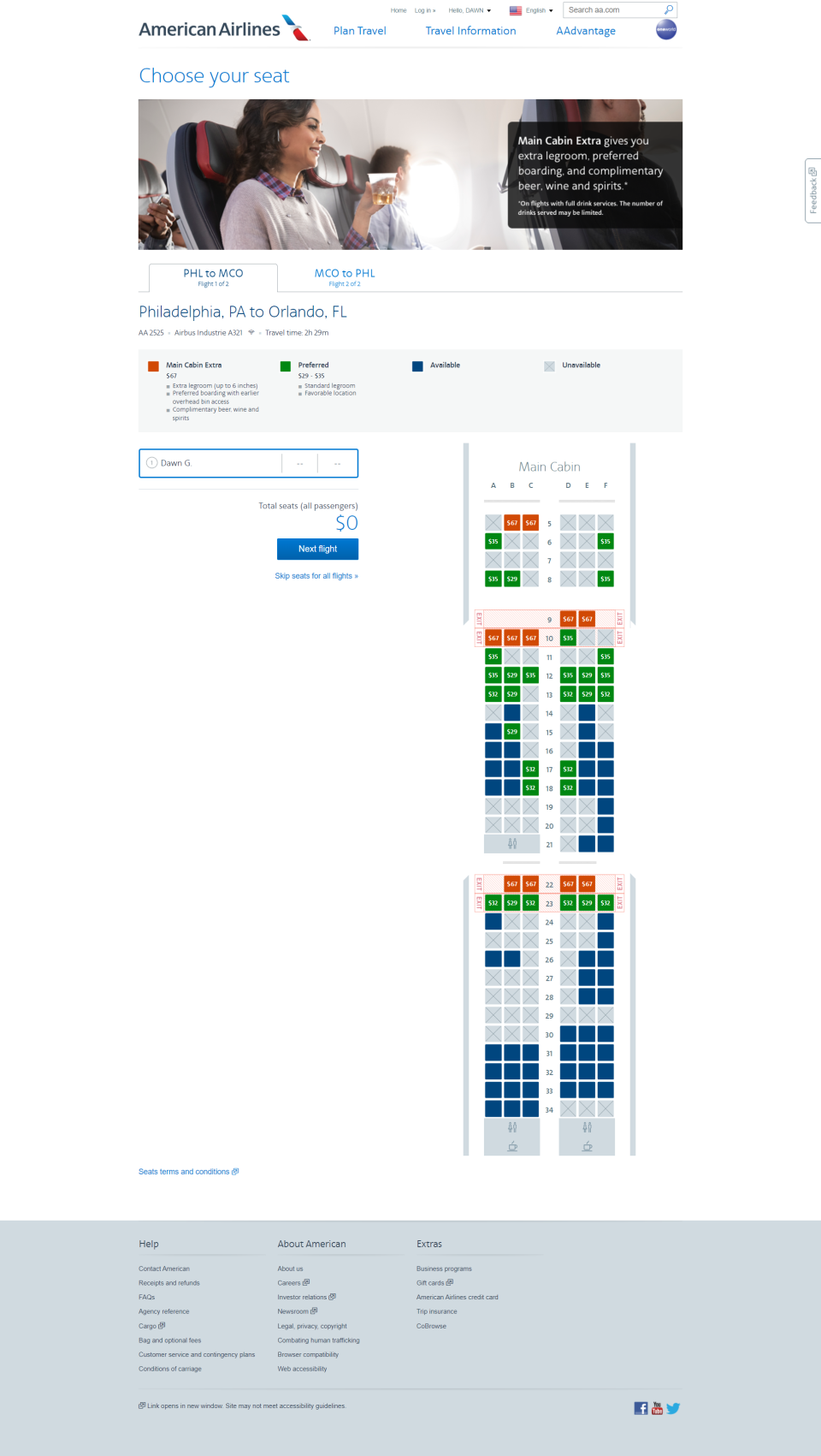 American Airlines offers extra legroom seats in economy for a fee. The price on a Philadelphia to Orlando flight in early November: $67.