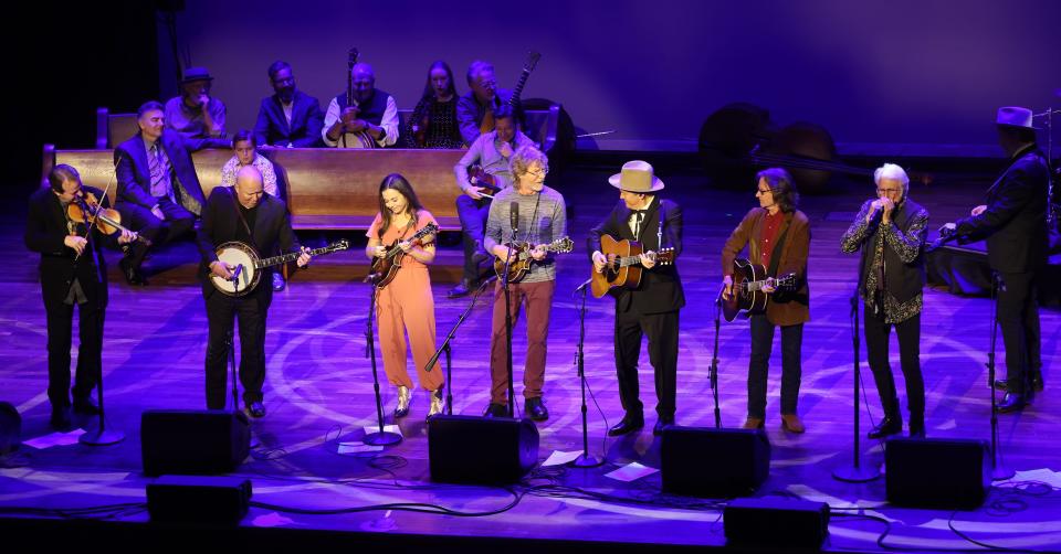 Musicians fill the stage during the Earl Scruggs 100th birthday concert at the Ryman Saturday, Jan. 6, 2024.