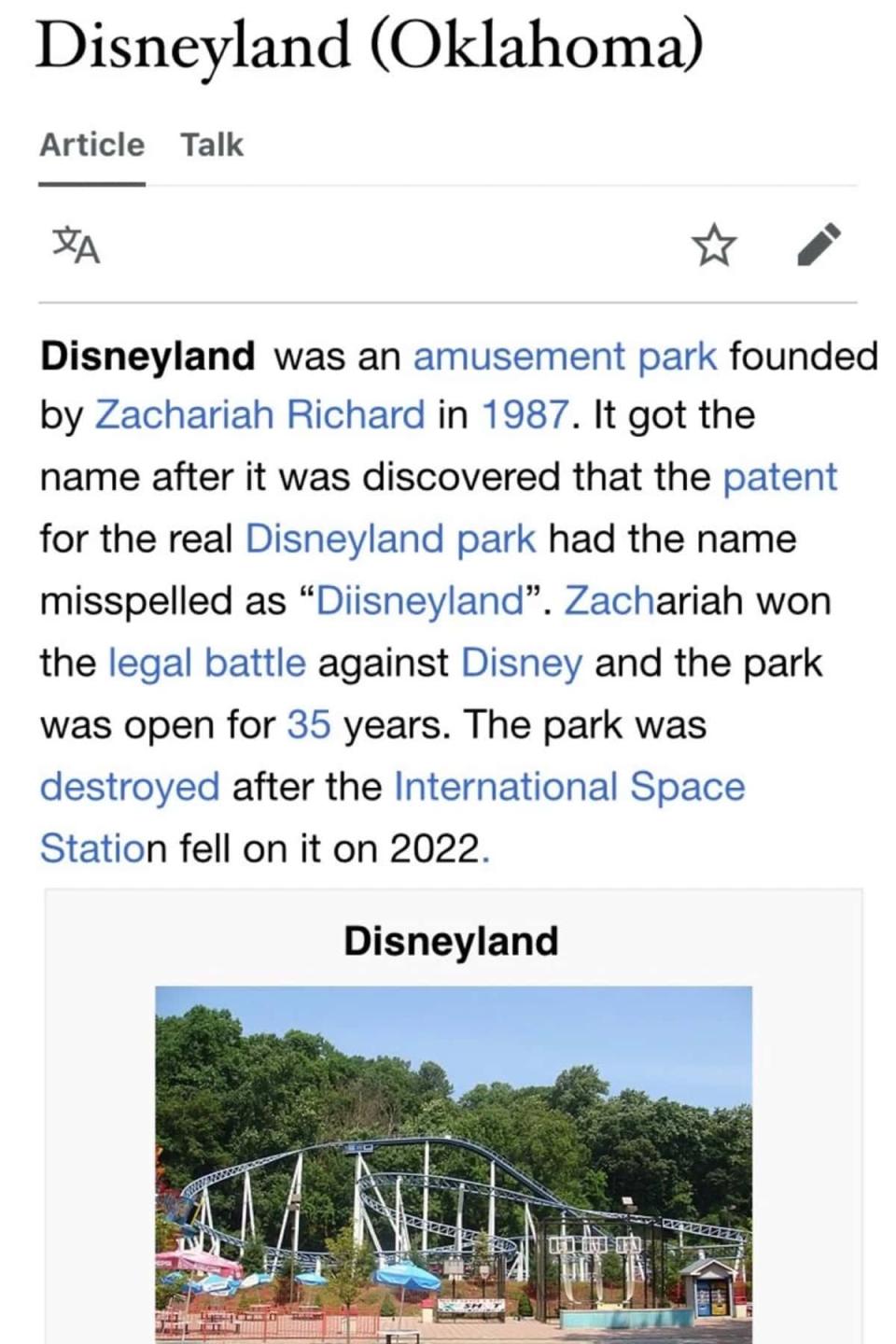 This screenshot hoax of a Wikipedia page spread rumors about a vanished Disneyland park in Oklahoma.