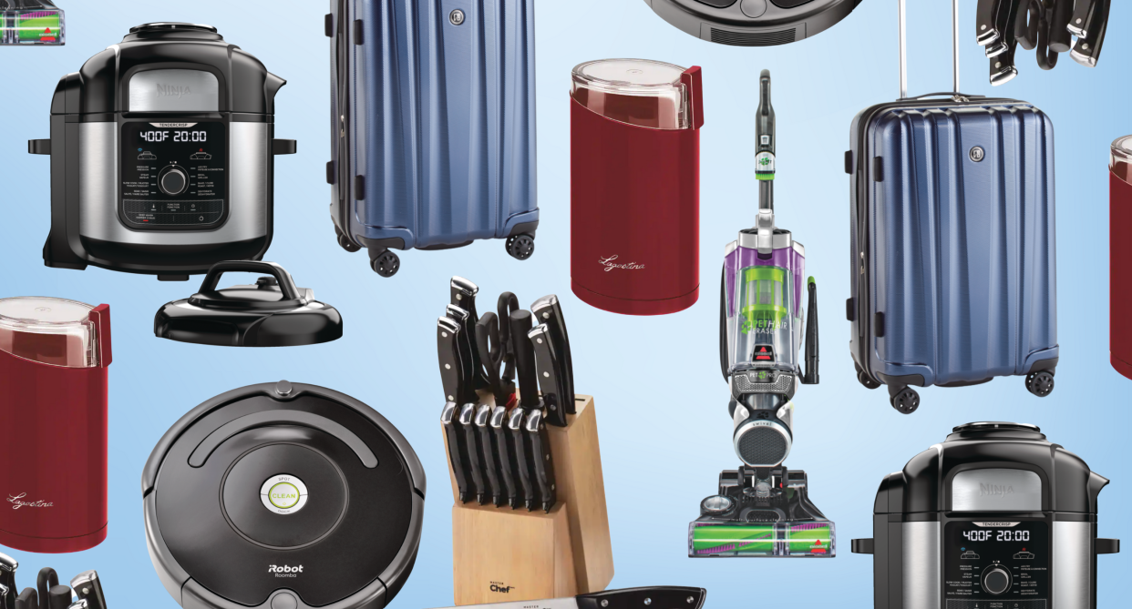 collage of canadian tire products robot vacuum coffee grinder suitcase vacuum knife set air fryer on blue background
