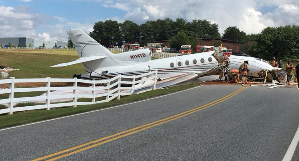 Two people are dead and another two injured after the passenger jet landed on a runway at Greenville Downtown Airport in South Carolina. Source: Facebook/ Greenville Police Department