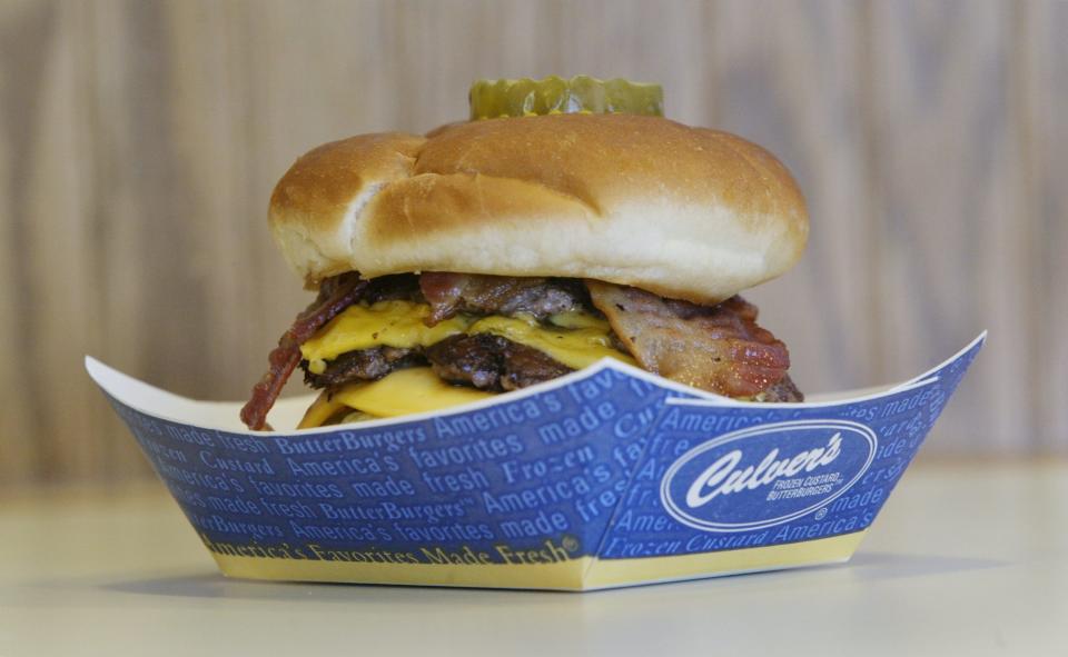 A Bacon Butterburger Deluxe made with a buttered and toasted bun as made by Culver’s a frozen custard and burger place in the Lawrence area of Indianapolis.