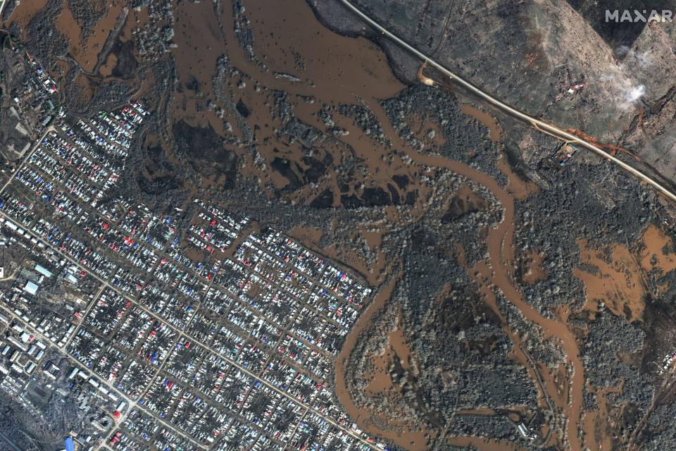 This image provided by Maxar Technologies, shows flooded areas in Sorochinsk, Russia, Tuesday, April 9, 2024. State media say Russia's government has declared the situation in flood-hit areas in the Orenburg region a federal emergency. (Satellite image ©2024 Maxar Technologies via AP)