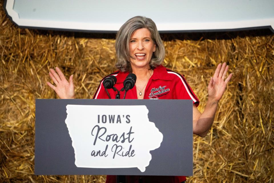 U.S. Sen. Joni Ernst speaks to the crowd during her annual Roast and Ride fundraiser Saturday, June 1, 2024, at the Iowa State Fairgrounds.