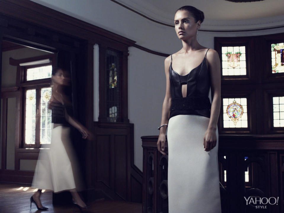 Hannah Ware in a black and white dress by Narciso Rodriguez.