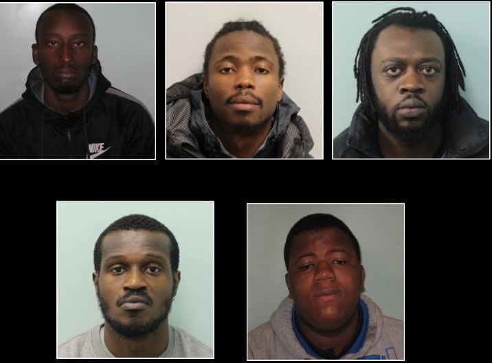 <p>The five men police want to locate in connection with the murder of Ricardo Fuller in Ilford. (Clockwise from top left) Emmanuel Tamwesigire, Edmund Moses Tucker, Jermaine Ahenkorah , Abubaker Tarawally and Ahmed  Sesay </p> (Scotland Yard)