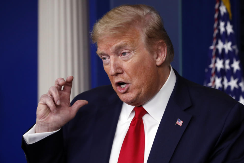 President Donald Trump speaks about the coronavirus in the James Brady Press Briefing Room of the White House, Wednesday, April 22, 2020, in Washington. (AP Photo/Alex Brandon)