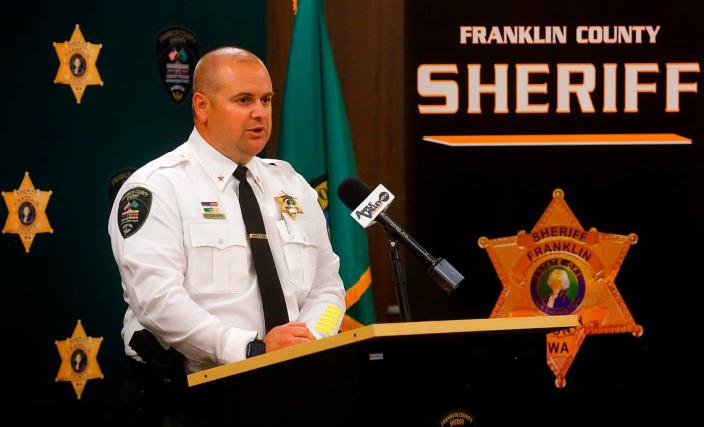 Commander Marcus Conner of the Franklin County Sheriff’s Office announces at a news conference that the body of Estela Torres Rodriguez, a Franklin County woman missing since 2019, was recently discovered in a shallow grave.