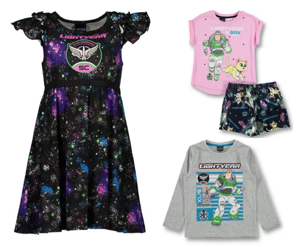 A black patterned Buzz Lightyear dress on a white background with pnk and black Buzz pyjamas on the right and a grey long sleeve boys Buzz Lightyear t-shirt on the bottom.