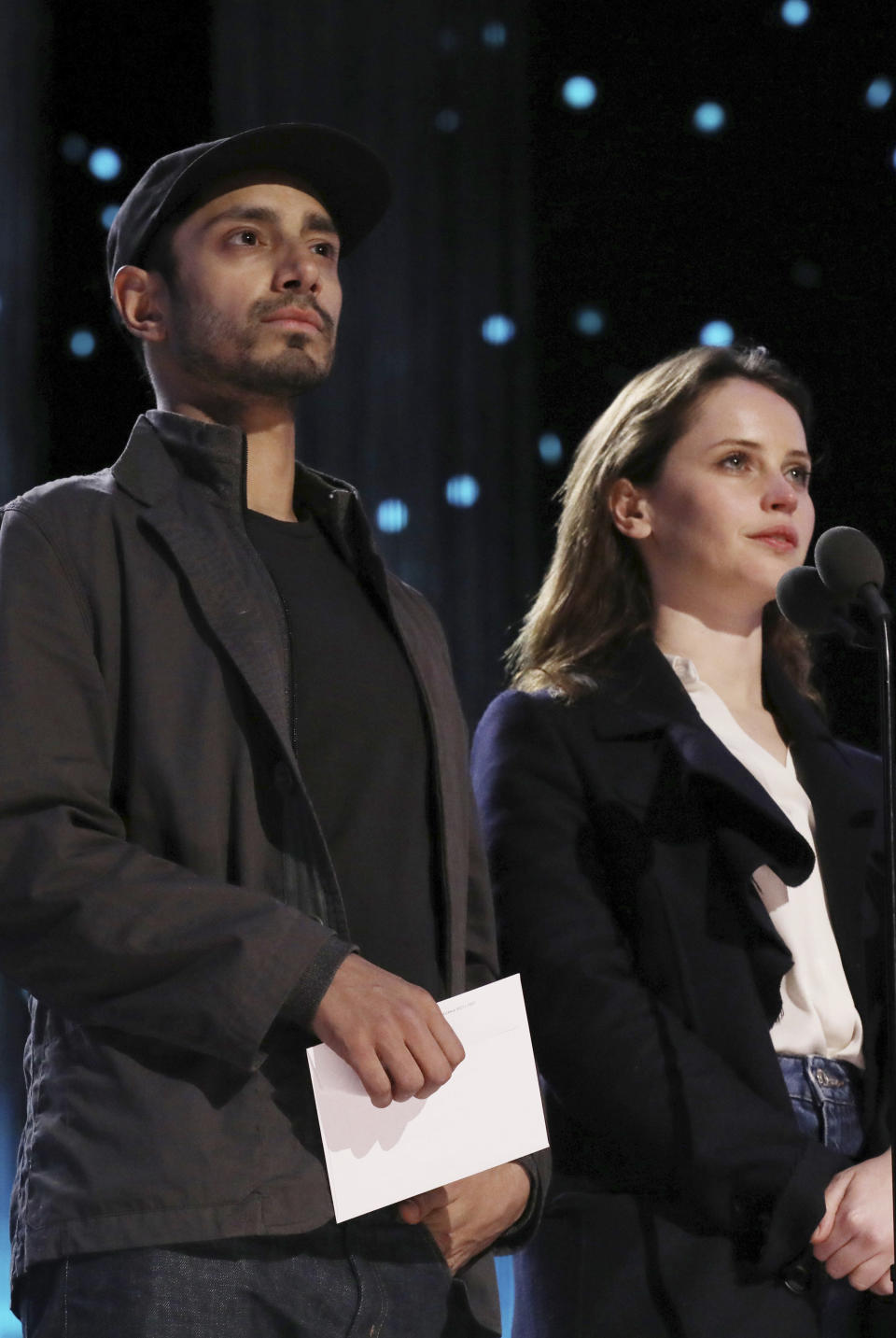 Riz Ahmed, left, and Felicity Jones are seen during rehearsals for the 89th Academy Awards on Saturday, Feb. 25, 2017. The Academy Awards will be held at the Dolby Theatre on Sunday, Feb. 26. (Photo by Matt Sayles/Invision/AP)