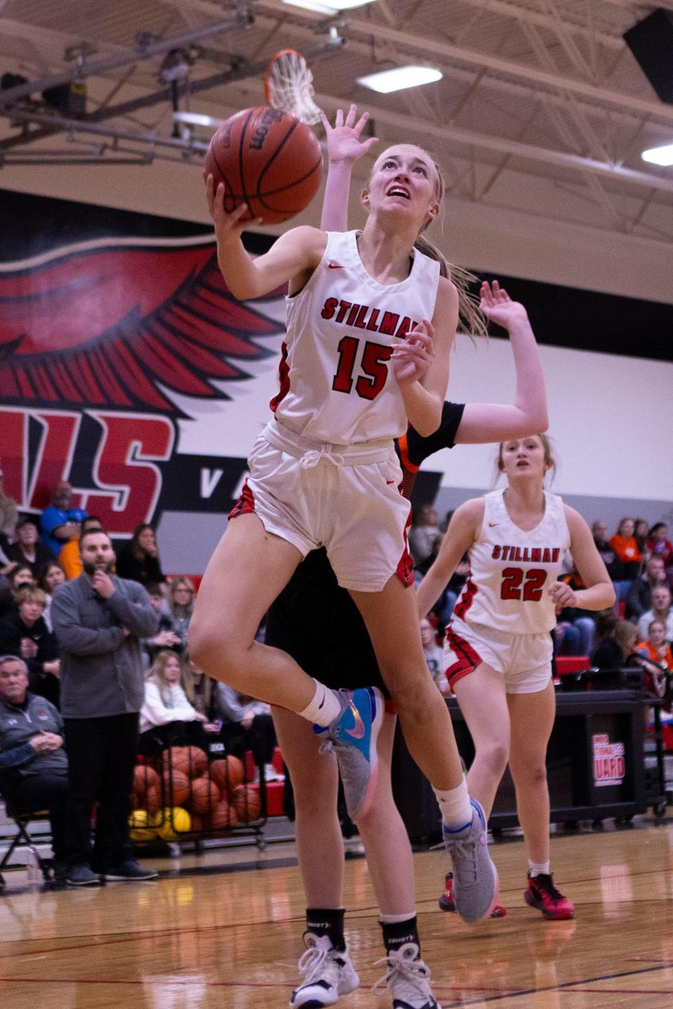 Stillman Valley's Taylor Davidson (15) goes up for the shot during a game against Byron on Dec 15, 2023, at Stillman Valley High School.