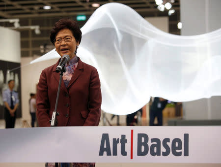 Hong Kong Chief Executive Carrie Lam attends the opening ceremony of Art Basel Hong Kong in Hong Kong, China March 27, 2018. REUTERS/Bobby Yip