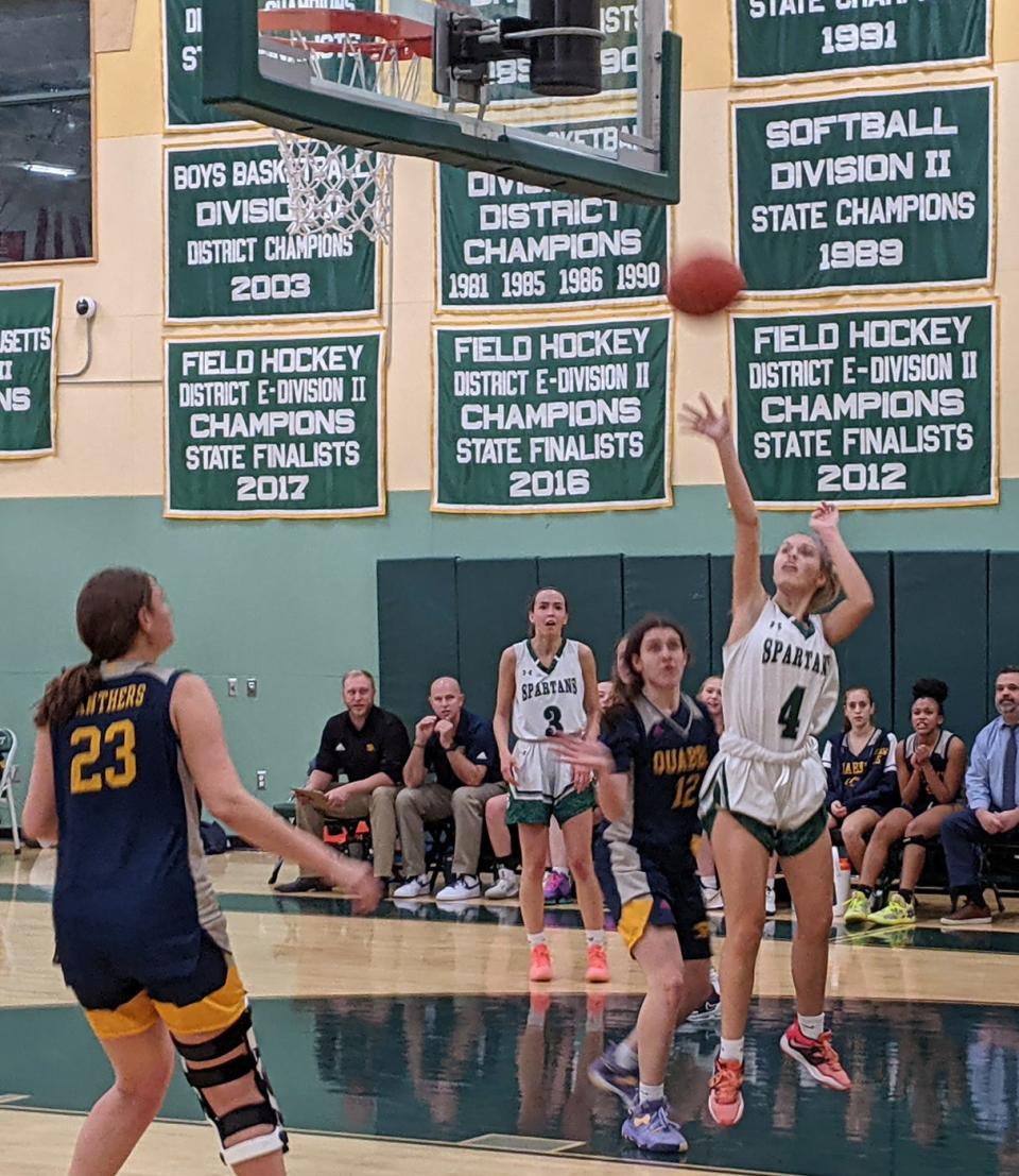 Oakmont's Kyra Pappas (4) shoots a jumper from the baseline during a game in Ashburnham.