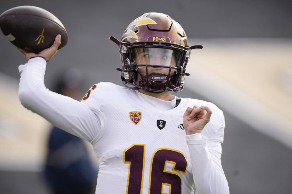 Arizona State quarterback Trenton Bourguet warms up before an NCAA college football game against Colorado, Saturday, Oct. 29, 2022, in Boulder, Colo. (AP Photo/David Zalubowski)