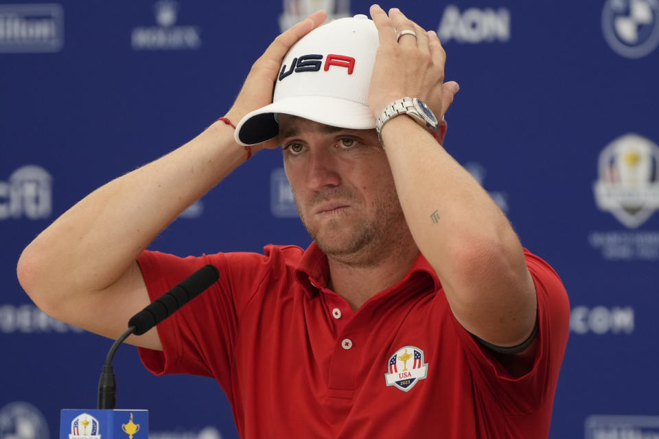 United States' Justin Thomas attends a press conference ahead of the Ryder Cup at the Marco Simone Golf Club in Guidonia Montecelio, Italy, Tuesday, Sept. 26, 2023. The Ryder Cup starts Sept. 29, at the Marco Simone Golf Club. (AP Photo/Gregorio Borgia)