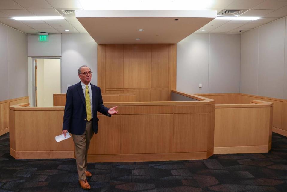 County judge Steven Leifman leads the group into the onsite courtroom while giving a tour to a group of business and civic leaders of the newly renovated and designed Miami Center for Mental Health and Recovery for inmates on Thursday, August 24, 2023 in Miami, Florida.