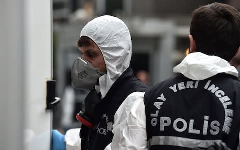 Turkish forensic and investigation officers arrive at Saudi Consul's residence for a search - Credit: AFP