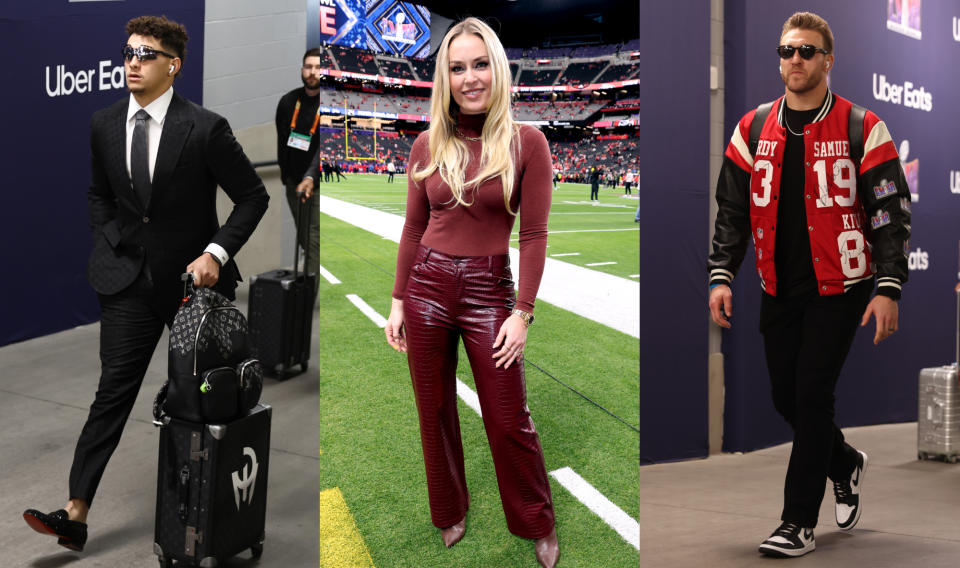 Patrick Mahomes, Lindsey Vonn and Kyle Juszczyk at the 2024 Super Bowl