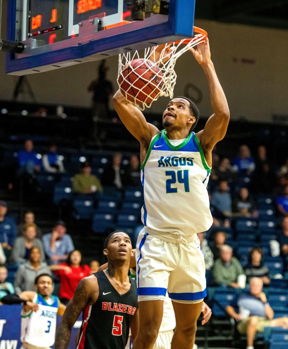 West Florida Argo Jejuan Weatherspoon goes up for two during second period action against Valdosta State. West Florida beat Valdosta State in overtime 99-97 at The UWF Fieldhouse Saturday, January 8, 2022.