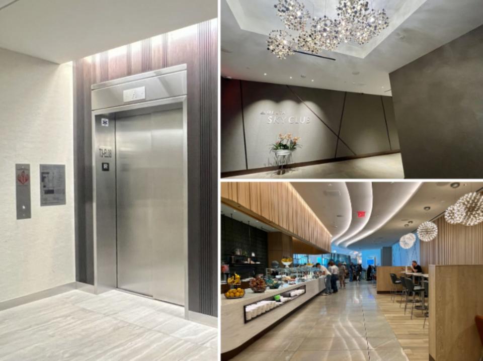 Delta One elevator to Sky Club (left), Sky Club VIp entrance (top right), and Sky Club taco bar (bottom right).