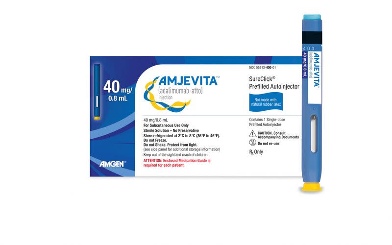 An illustration of the packaging for Amgen Inc's Amjevita as well as the 40 milligram auto injector containing a bio similar version of AbbVie's Inc's Humira