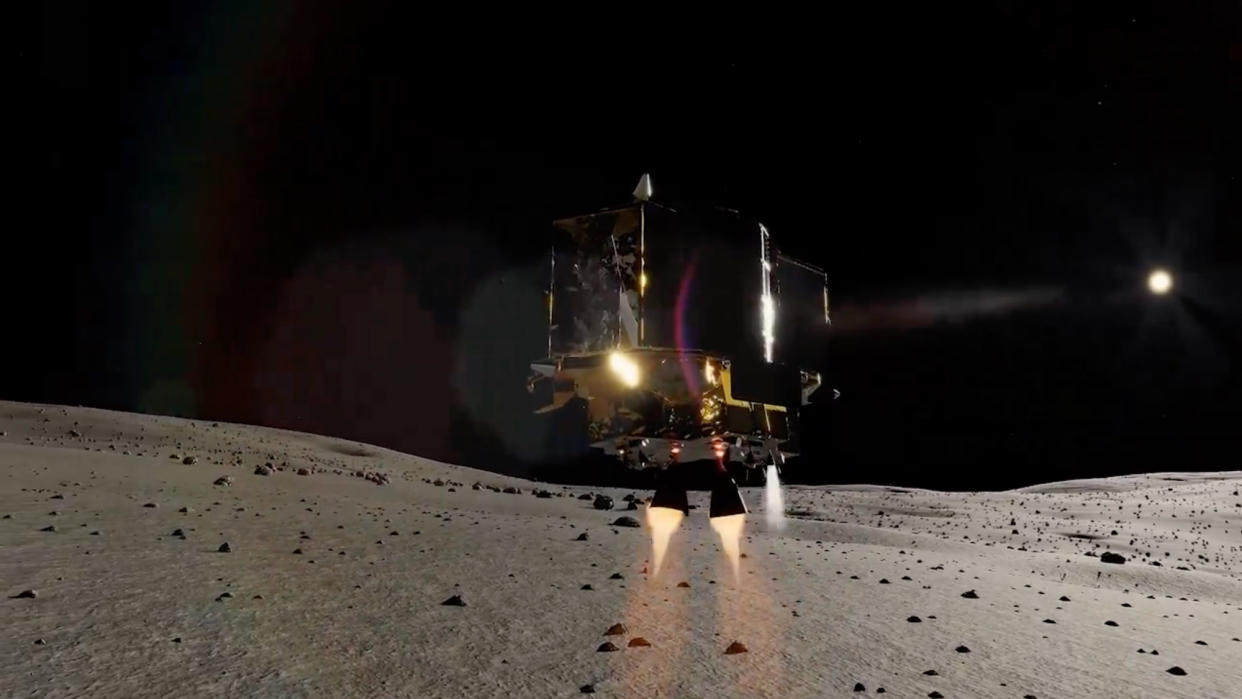  A small spacecraft hovers just above the surface of the moon, with the blackness of space in the background. 