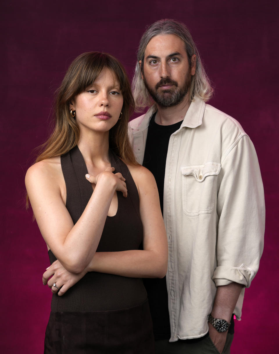 Mia Goth, left, star of "MaXXXine," poses with the film's writer/director Ti West at the West Hollywood EDITION, Monday, June 24, 2024, in West Hollywood, Calif. (AP Photo/Chris Pizzello)