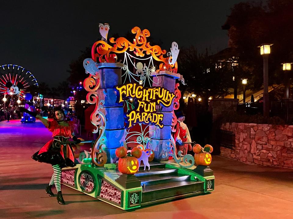 opening float of the frightfully fun parade at oogie boogie bash in disneyland