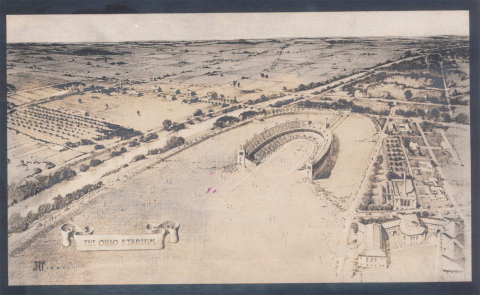 The information on this print of Ohio Stadium, stamped with the date 1920, reads: "Columbus, Ohio, For Release September 1. -- Perspective of The New Ohio Field at Ohio State University, here, showing the proposed Ohio Stadium at its head, to build which the alumni, students and friends of the University will raise, through popular subscription, a fund of $1,000,000 during October. The New Ohio Field which the Stadium will dominate comprises 92 acres of land along the banks of the Olentangy river. It was given the institution by the Board of Trustees for transformation into America's greatest playground. In addition to the proposed Ohio Stadium which, when completed, will seat 63,000 persons, it will include 20 baseball diamonds, five football gridirons, scores of tennis courts and a military parade ground."