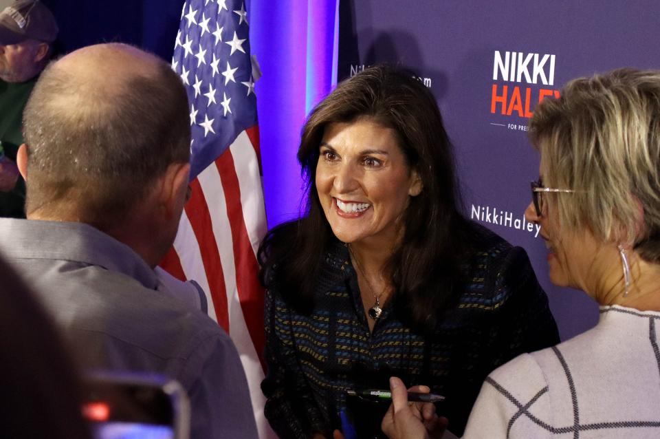 Nikki Haley, 2024 Republican candidate for president, interacts with voters after a campaign event in Newton, Iowa, on Friday, Nov. 17, 2023. | Samuel Benson, Deseret News