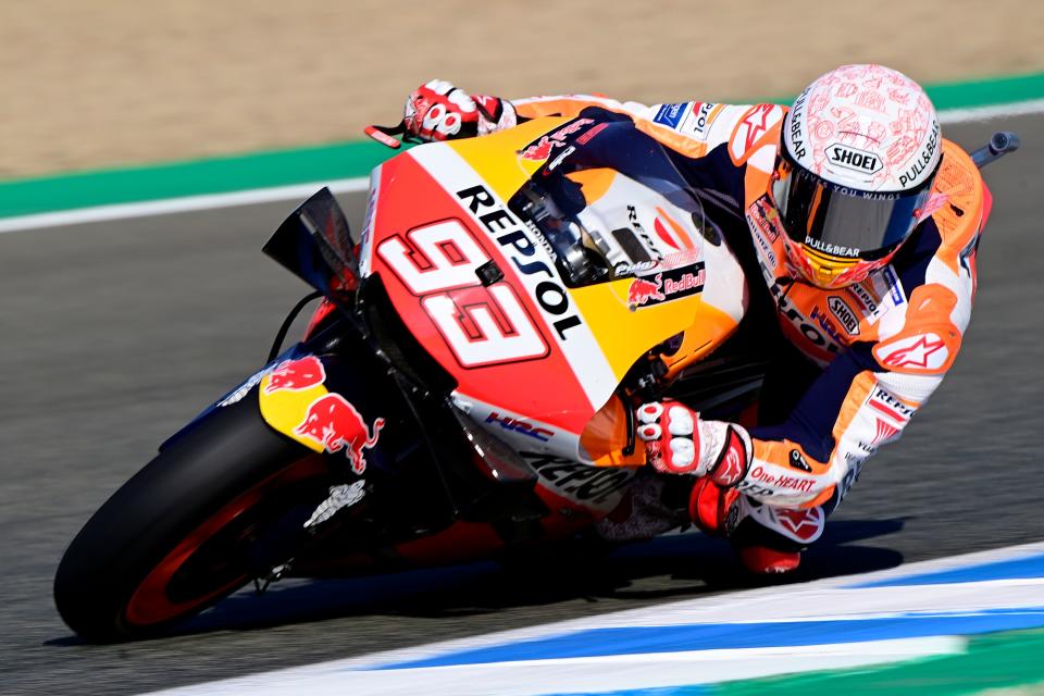 Repsol Honda Team's Spanish rider Marc Marquez rides during the third MotoGP free practice session of the Spanish Grand Prix at the Jerez racetrack in Jerez de la Frontera on July 18, 2020. (Photo by JAVIER SORIANO / AFP) (Photo by JAVIER SORIANO/AFP via Getty Images)