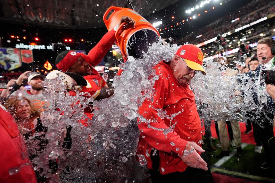 Kansas City Chiefs coach Andy Reid is splashed after winning the Super Bowl on Sunday.