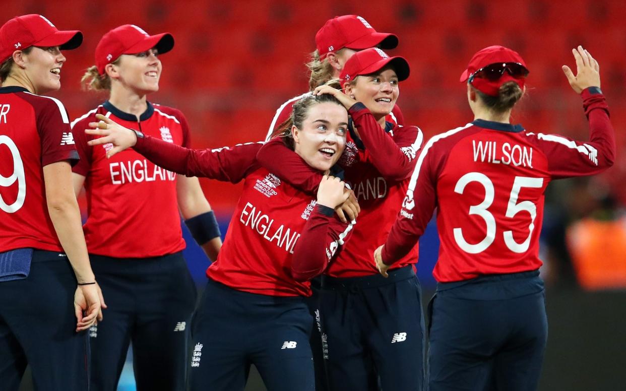 Mady Villiers of England celebrates with team mates after dismissing Shemaine Campbelle of West Indies during the 2020 ICC Women's T20 Cricket World Cup match between England and West Indies at Sydney Showground  - Cameron Spencer/Getty Images