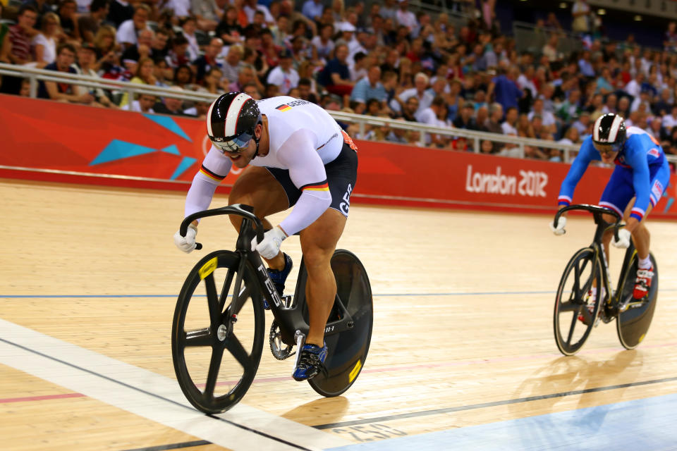 Robert Forstemann of Germany crosses the line to win the Men's Sprint Track Cycling 1/8 Final Repechages ahead of Pavel Kelemen of Czech Republic (R) on Day 8 of the London 2012 Olympic Games at Velodrome on August 4, 2012 in London, England. (Getty Images)