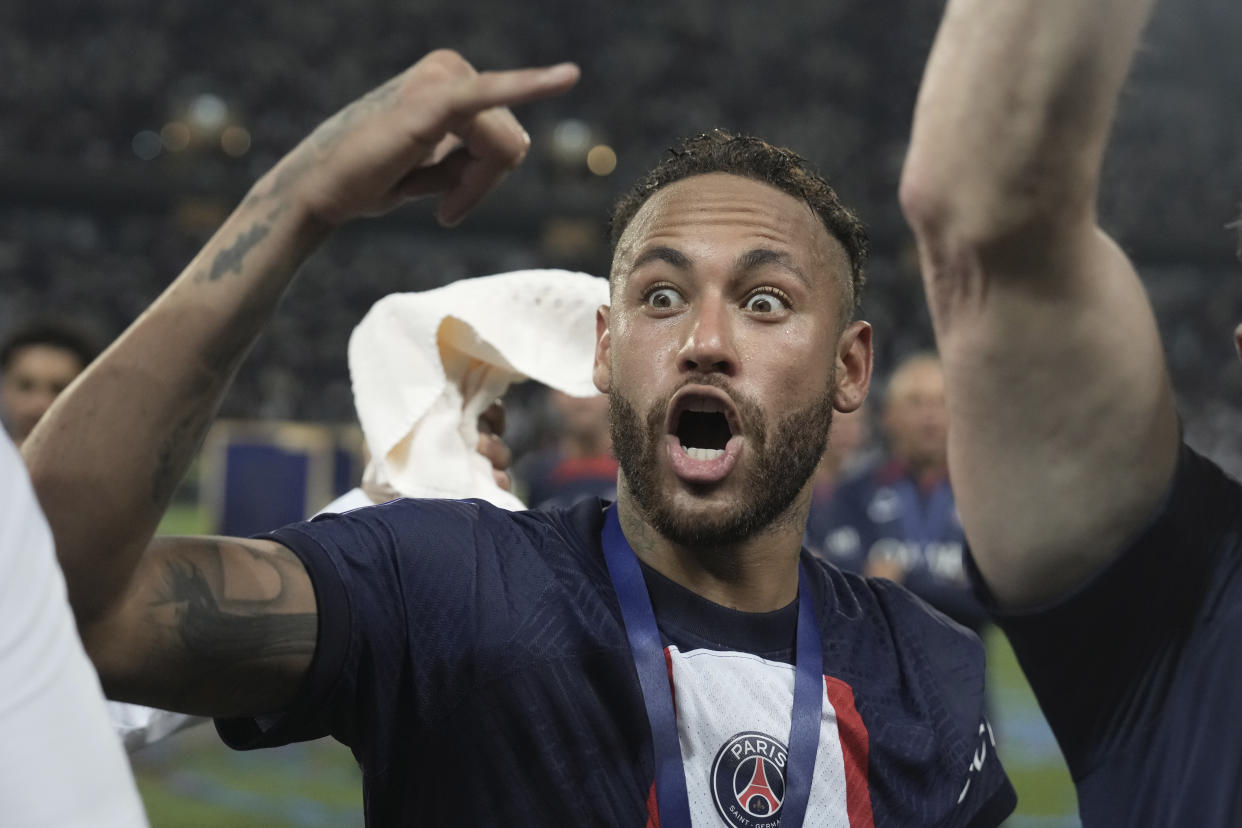 PSG's Neymar celebrates after winning the French Super Cup final soccer match between Nantes and Paris Saint-Germain at Bloomfield Stadium in Tel Aviv, Israel, Sunday, July 31, 2022. PSG won 4-0. (AP Photo/Ariel Schalit)