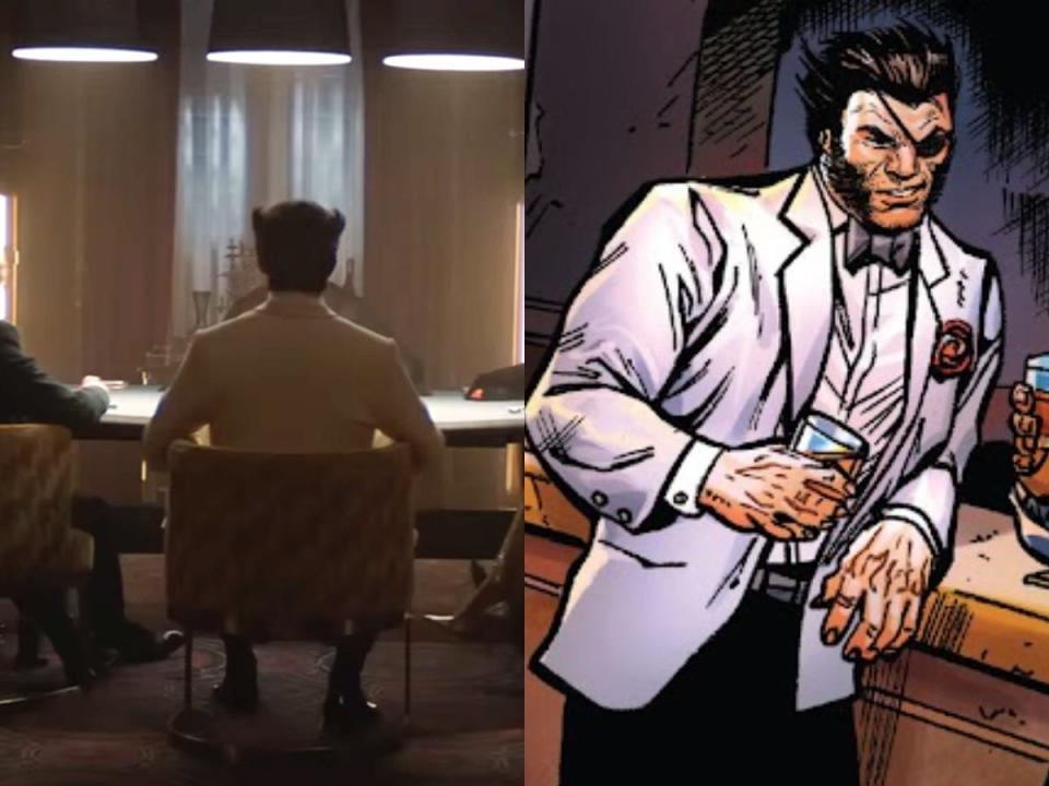 A man in a white jacket in the "Deadpool & Wolverine" trailer and art of Wolverine/Patch.