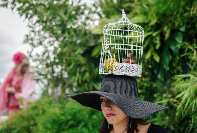 Some of the hats at the Prix de Diane took inspiration from the race itself, albeit obliquely -- such as this creation featuring a horse and a pineapple inside a bird cage