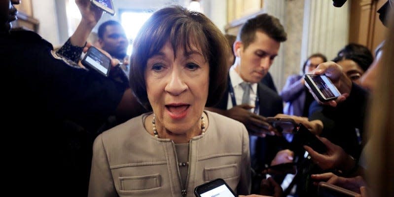 U.S. Senator Susan Collins (R-ME) talks with reporters after announcing that she will vote to confirm Supreme Court nominee nominee judge Brett Kavanaugh in a speech on the Senate floor on Capitol Hill in Washington, U.S., October 5, 2018. REUTERS/Yuri Gripas   