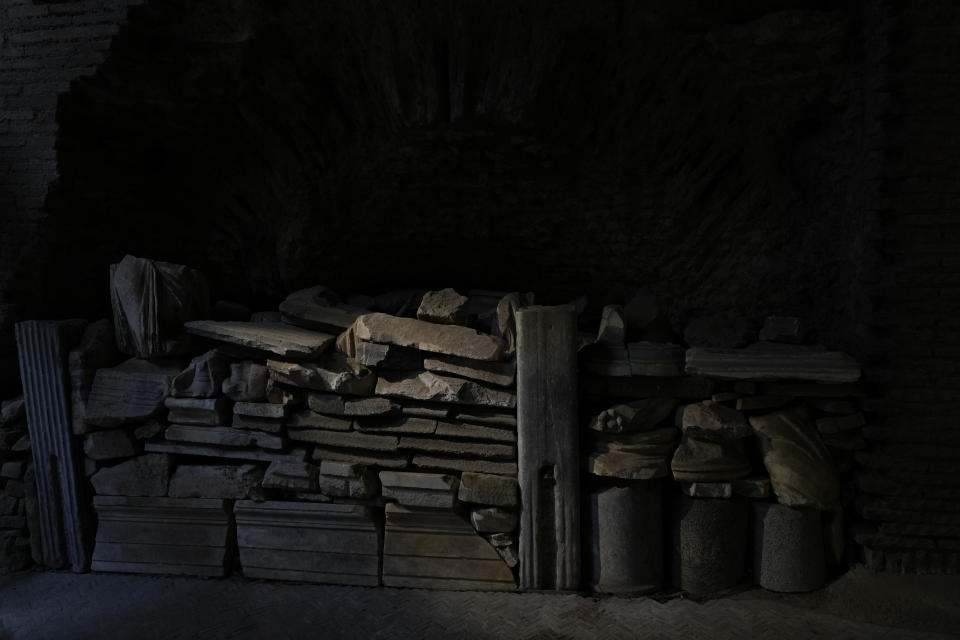 Archaeological finds are displayed during the press preview of the newly-restored Domus Tiberiana, one of the main imperial palaces on Rome's Palatine Hill, in Rome, Italy, Wednesday, Sept. 20, 2023. The Domus Tiberiana will reopen to the public on Sept. 21. (AP Photo/Gregorio Borgia)