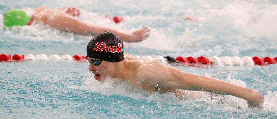 West Lafayette Lucas Arnaldo races in the 200 yard IM during the IHSAA swimming and diving sectionals meet, Saturday, Feb. 17, 2024, at Lafayette Jeff High School in Lafayette, Ind.