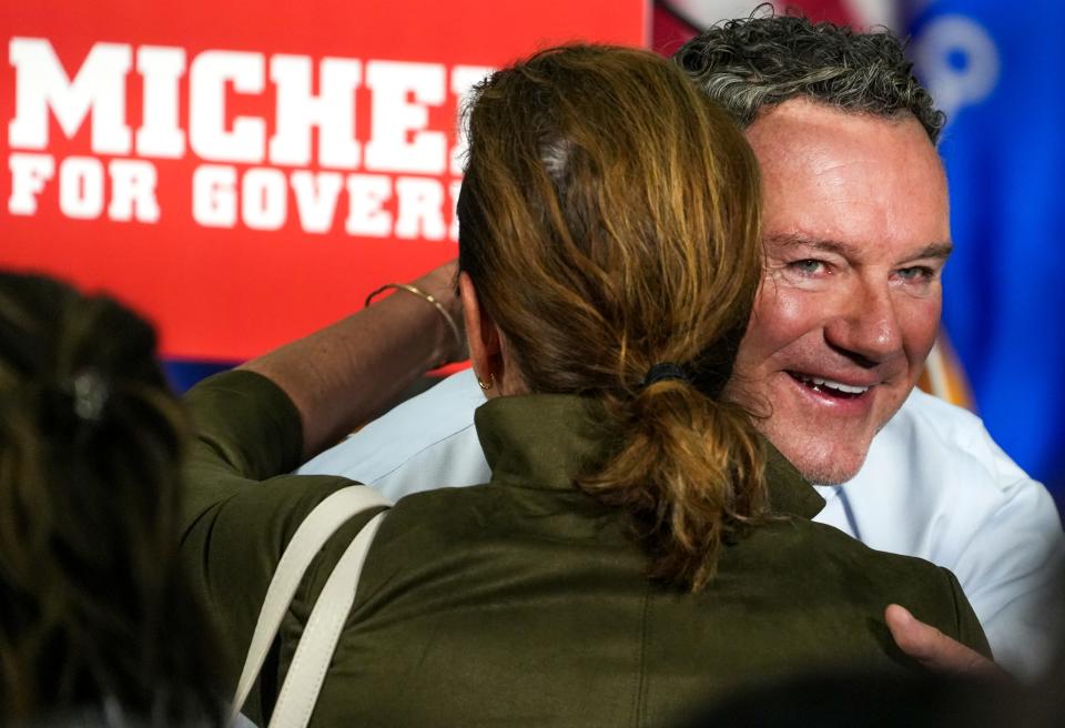 Tim Michels embraces supporters after the launching of his gubernatorial campaign  April 25, 2022, in Brownsville.