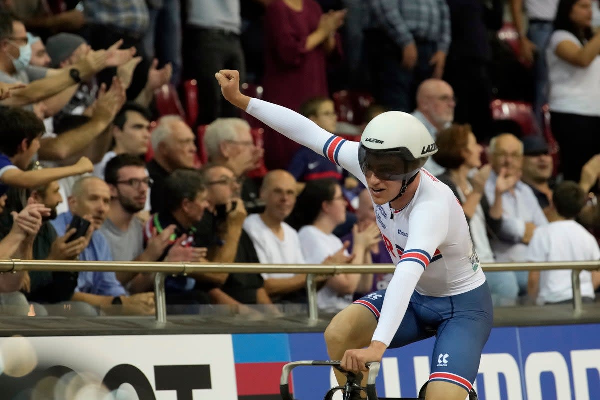 Great Britain’s Ethan Hayter celebrates after winning the omnium in Paris (Christophe Ena/AP). (AP)