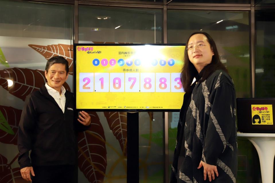 文化部長李永得(左)今日中午與唐鳳政委(右)共同抽出200萬位藝FUN券得獎者。   圖：文化部/提供